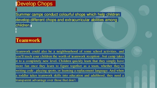 Develop Chops
Summer camps conduct colourful shops which help children
develop different chops and extracurricular abilities among
children.
Teamwork
Teamwork could also be a neighbourhood of some school activities, and
you'll teach your children the worth of teamwork reception , but camp takes
it to a completely new level. Children quickly learn that they simply have
more fun once they learn to figure together as a team, whether they’re
writing code , playing sports, or learning a replacement language. And when
a toddler takes teamwork skills into education and adulthood, they need a
transparent advantage over those that don't .
 