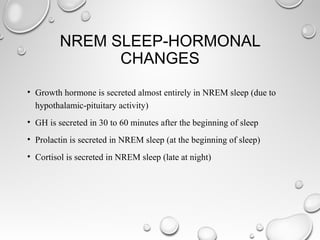 NREM SLEEP-HORMONAL
CHANGES
• Growth hormone is secreted almost entirely in NREM sleep (due to
hypothalamic-pituitary activity)
• GH is secreted in 30 to 60 minutes after the beginning of sleep
• Prolactin is secreted in NREM sleep (at the beginning of sleep)
• Cortisol is secreted in NREM sleep (late at night)
 