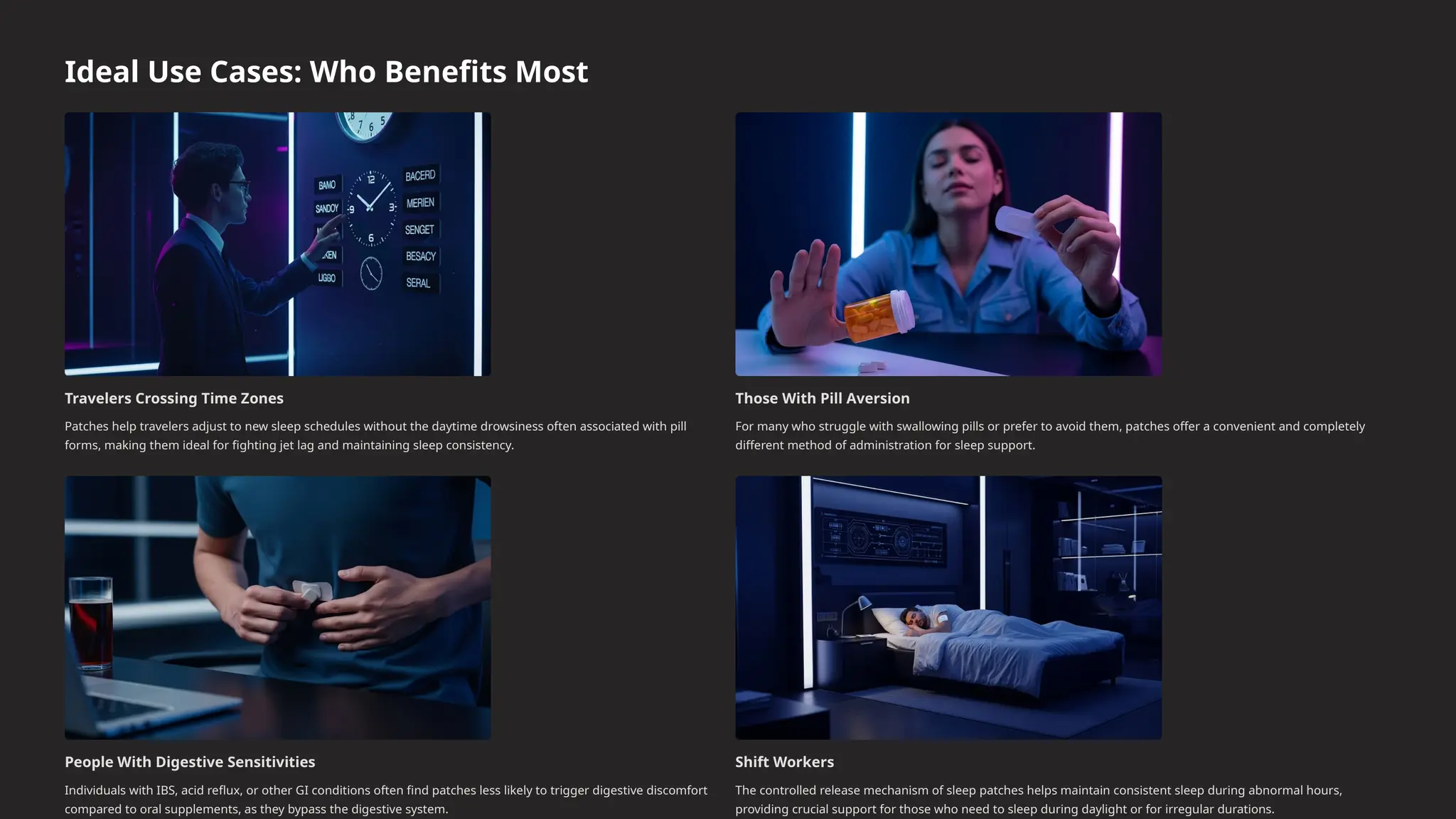 Ideal Use Cases: Who Benefits Most
Travelers Crossing Time Zones
Patches help travelers adjust to new sleep schedules without the daytime drowsiness often associated with pill
forms, making them ideal for fighting jet lag and maintaining sleep consistency.
Those With Pill Aversion
For many who struggle with swallowing pills or prefer to avoid them, patches offer a convenient and completely
different method of administration for sleep support.
People With Digestive Sensitivities
Individuals with IBS, acid reflux, or other GI conditions often find patches less likely to trigger digestive discomfort
compared to oral supplements, as they bypass the digestive system.
Shift Workers
The controlled release mechanism of sleep patches helps maintain consistent sleep during abnormal hours,
providing crucial support for those who need to sleep during daylight or for irregular durations.
 