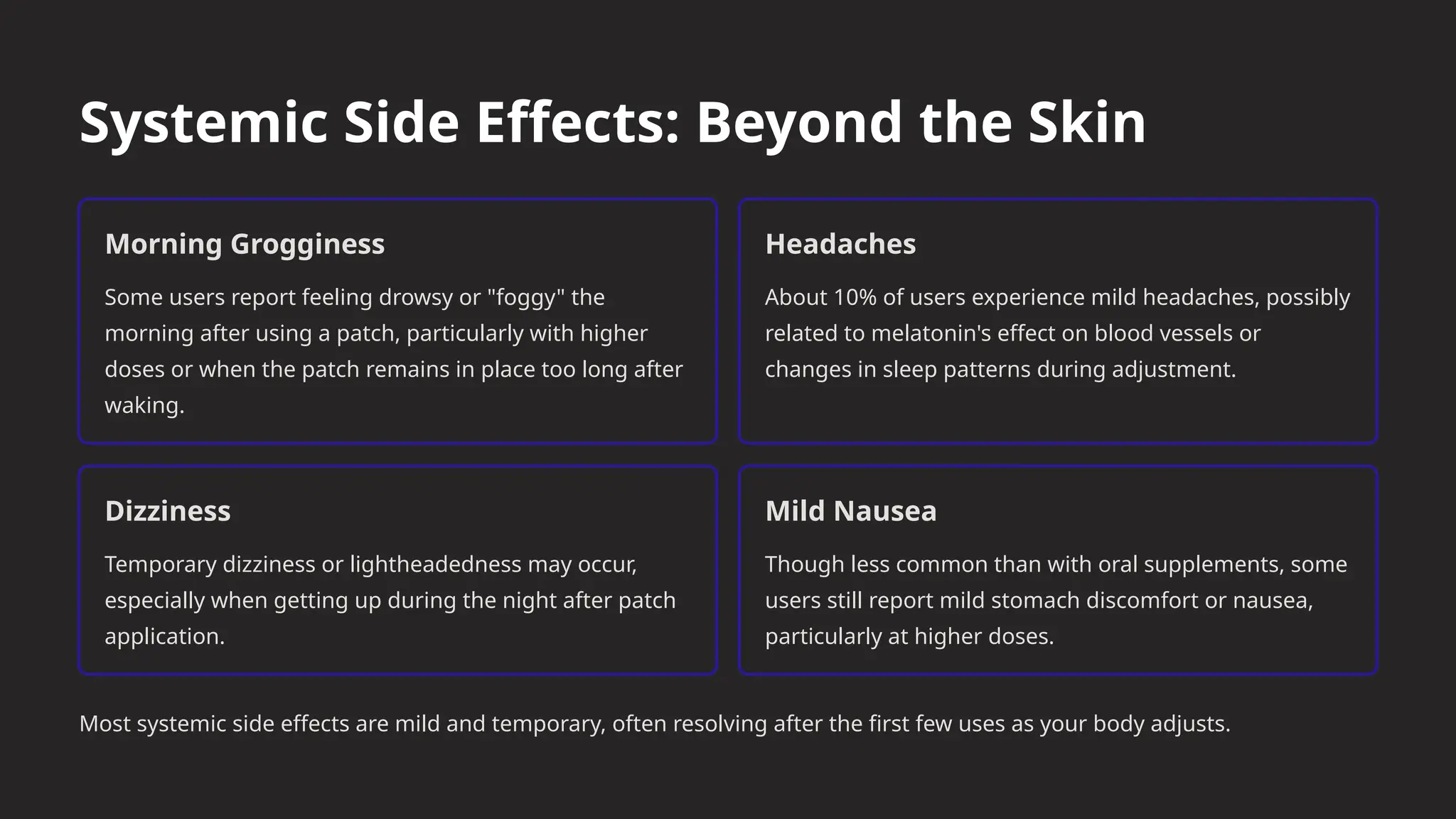 Systemic Side Effects: Beyond the Skin
Morning Grogginess
Some users report feeling drowsy or "foggy" the
morning after using a patch, particularly with higher
doses or when the patch remains in place too long after
waking.
Headaches
About 10% of users experience mild headaches, possibly
related to melatonin's effect on blood vessels or
changes in sleep patterns during adjustment.
Dizziness
Temporary dizziness or lightheadedness may occur,
especially when getting up during the night after patch
application.
Mild Nausea
Though less common than with oral supplements, some
users still report mild stomach discomfort or nausea,
particularly at higher doses.
Most systemic side effects are mild and temporary, often resolving after the first few uses as your body adjusts.
 