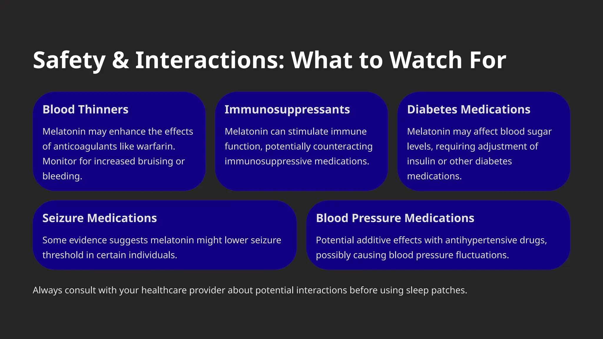 Safety & Interactions: What to Watch For
Blood Thinners
Melatonin may enhance the effects
of anticoagulants like warfarin.
Monitor for increased bruising or
bleeding.
Immunosuppressants
Melatonin can stimulate immune
function, potentially counteracting
immunosuppressive medications.
Diabetes Medications
Melatonin may affect blood sugar
levels, requiring adjustment of
insulin or other diabetes
medications.
Seizure Medications
Some evidence suggests melatonin might lower seizure
threshold in certain individuals.
Blood Pressure Medications
Potential additive effects with antihypertensive drugs,
possibly causing blood pressure fluctuations.
Always consult with your healthcare provider about potential interactions before using sleep patches.
 