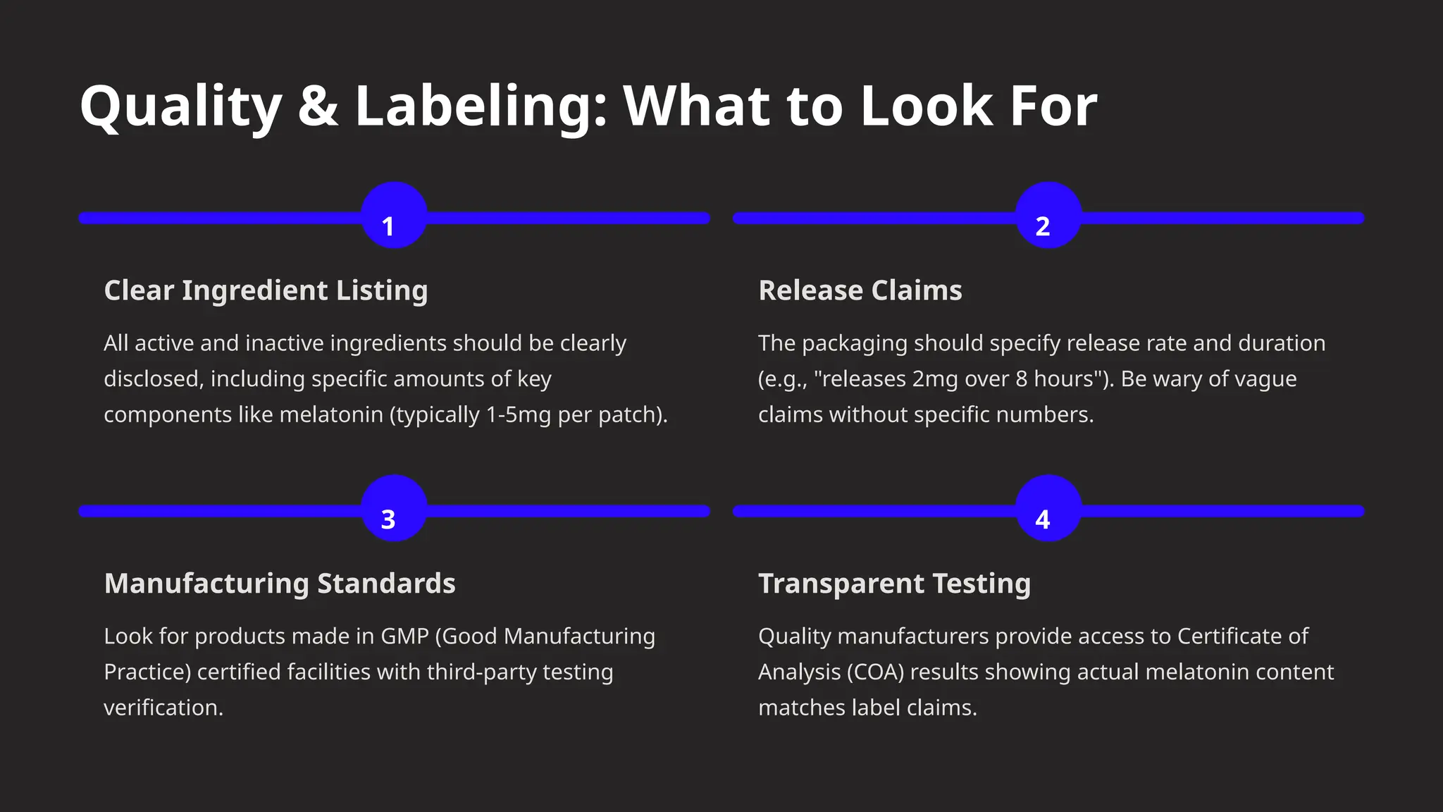 Quality & Labeling: What to Look For
1
Clear Ingredient Listing
All active and inactive ingredients should be clearly
disclosed, including specific amounts of key
components like melatonin (typically 1-5mg per patch).
2
Release Claims
The packaging should specify release rate and duration
(e.g., "releases 2mg over 8 hours"). Be wary of vague
claims without specific numbers.
3
Manufacturing Standards
Look for products made in GMP (Good Manufacturing
Practice) certified facilities with third-party testing
verification.
4
Transparent Testing
Quality manufacturers provide access to Certificate of
Analysis (COA) results showing actual melatonin content
matches label claims.
 