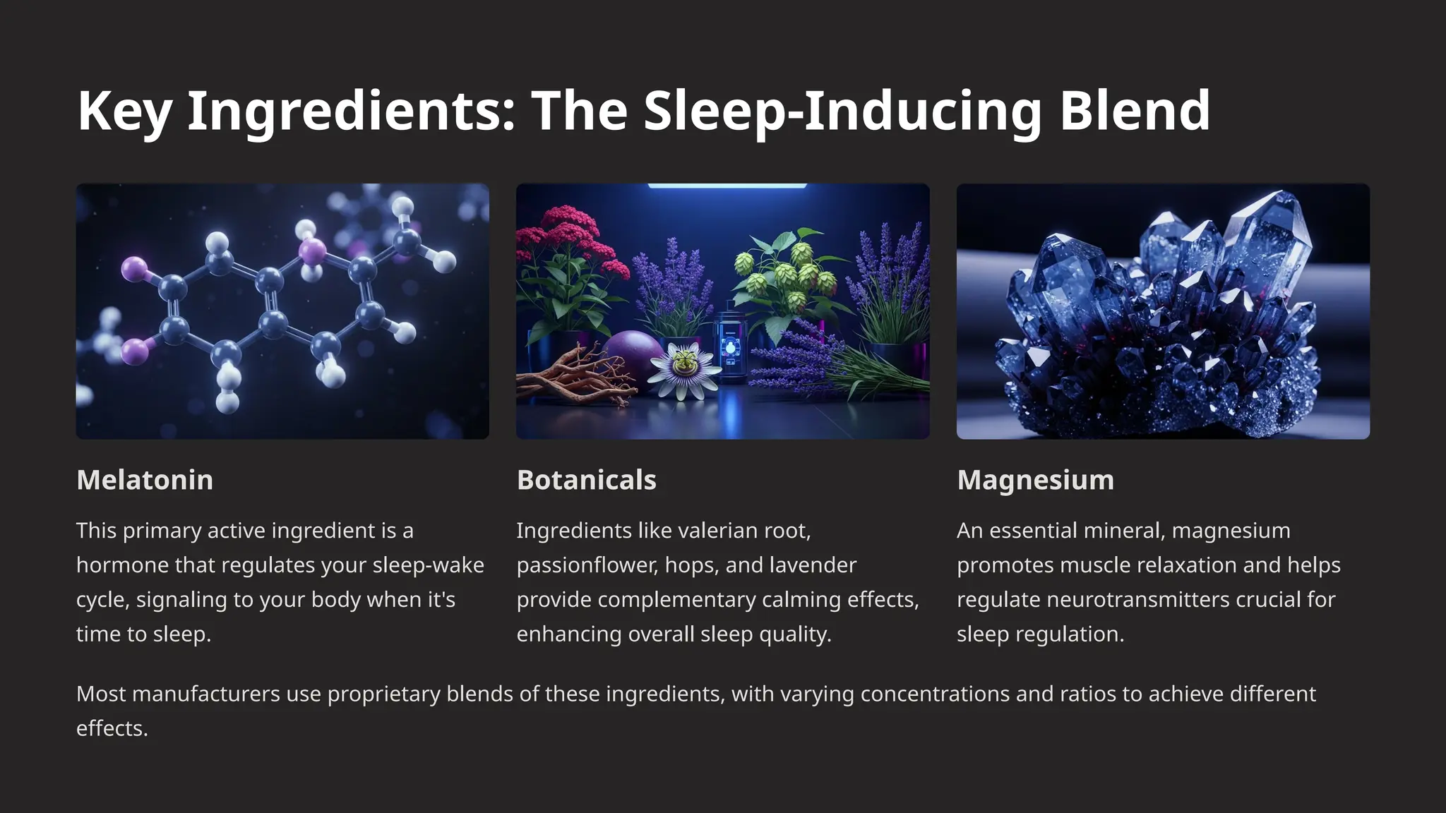 Key Ingredients: The Sleep-Inducing Blend
Melatonin
This primary active ingredient is a
hormone that regulates your sleep-wake
cycle, signaling to your body when it's
time to sleep.
Botanicals
Ingredients like valerian root,
passionflower, hops, and lavender
provide complementary calming effects,
enhancing overall sleep quality.
Magnesium
An essential mineral, magnesium
promotes muscle relaxation and helps
regulate neurotransmitters crucial for
sleep regulation.
Most manufacturers use proprietary blends of these ingredients, with varying concentrations and ratios to achieve different
effects.
 