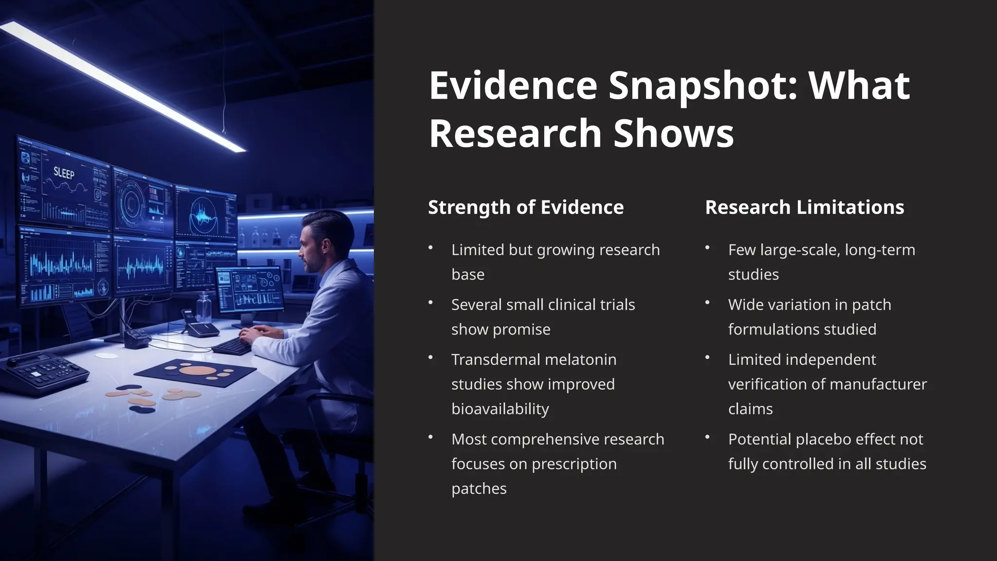 Evidence Snapshot: What
Research Shows
Strength of Evidence
• Limited but growing research
base
• Several small clinical trials
show promise
• Transdermal melatonin
studies show improved
bioavailability
• Most comprehensive research
focuses on prescription
patches
Research Limitations
• Few large-scale, long-term
studies
• Wide variation in patch
formulations studied
• Limited independent
verification of manufacturer
claims
• Potential placebo effect not
fully controlled in all studies
 