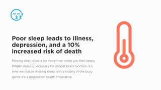 Missing sleep does a lot more than make you feel sleepy.
Proper sleep is necessary for proper brain function. It’s
time we realize missing sleep isn’t a trophy in the busy
game-it’s a population health imperative.
Poor sleep leads to illness,
depression, and a 10%
increased risk of death
 
