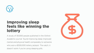 A study of 30,000 people published in the Oxford
Academic journal found improving sleep improved
mental and physical health comparably to someone
who won a $300,000 lottery jackpot. The catch; it
doesn’t work if you’re using sleeping pills.
Improving sleep
feels like winning the
lottery
 