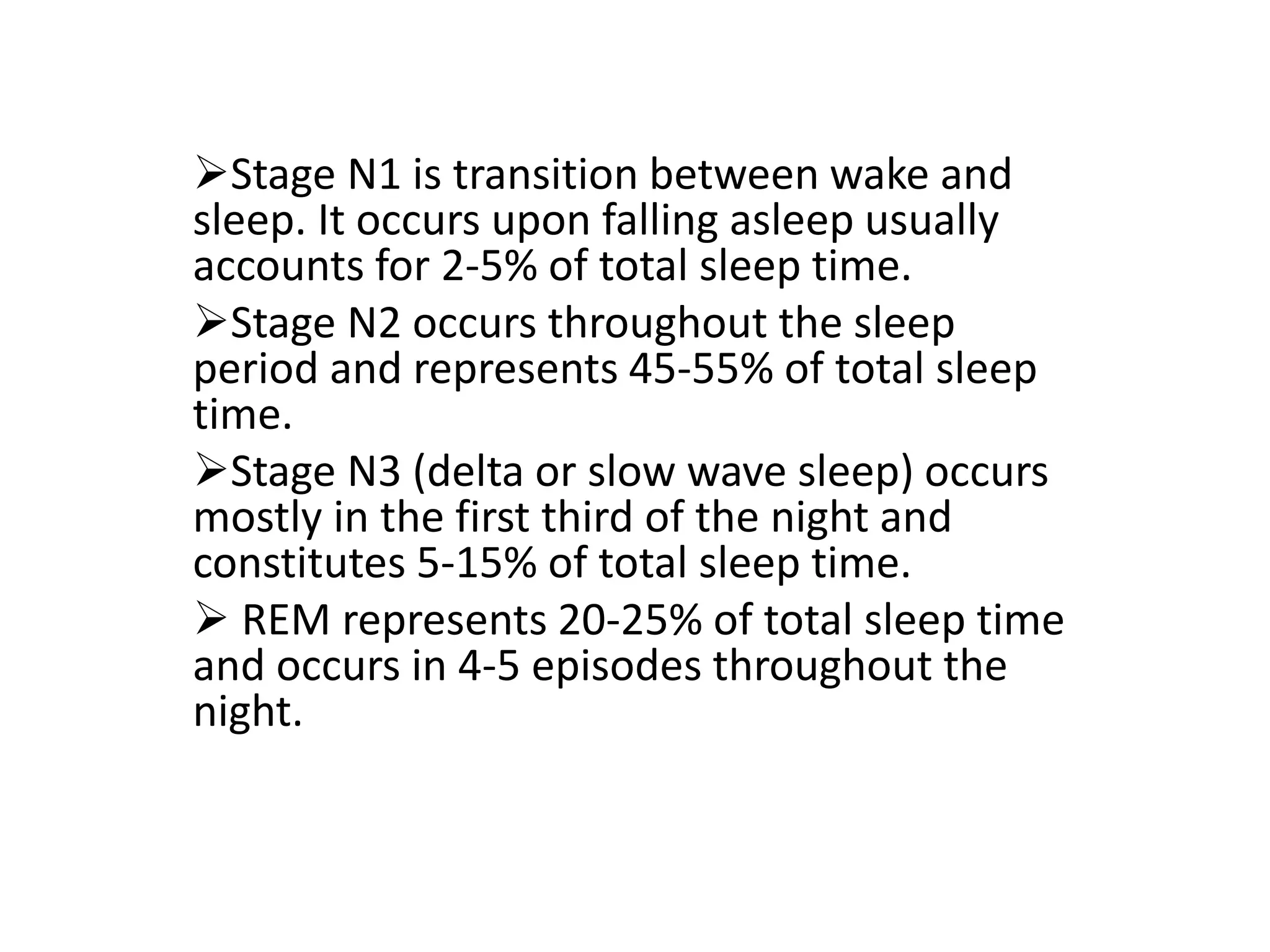 Stage N1 is transition between wake and
sleep. It occurs upon falling asleep usually
accounts for 2-5% of total sleep time.
Stage N2 occurs throughout the sleep
period and represents 45-55% of total sleep
time.
Stage N3 (delta or slow wave sleep) occurs
mostly in the first third of the night and
constitutes 5-15% of total sleep time.
 REM represents 20-25% of total sleep time
and occurs in 4-5 episodes throughout the
night.
 