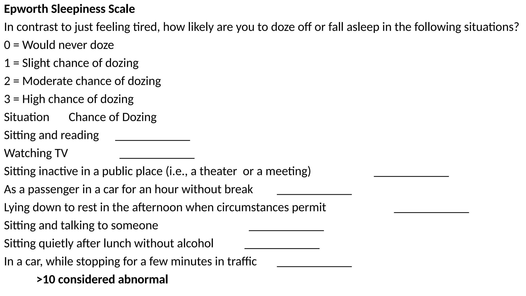 Epworth Sleepiness Scale
In contrast to just feeling tired, how likely are you to doze off or fall asleep in the following situations?
0 = Would never doze
1 = Slight chance of dozing
2 = Moderate chance of dozing
3 = High chance of dozing
Situation Chance of Dozing
Sitting and reading ____________
Watching TV ____________
Sitting inactive in a public place (i.e., a theater or a meeting) ____________
As a passenger in a car for an hour without break ____________
Lying down to rest in the afternoon when circumstances permit ____________
Sitting and talking to someone ____________
Sitting quietly after lunch without alcohol ____________
In a car, while stopping for a few minutes in traffic ____________
>10 considered abnormal
 