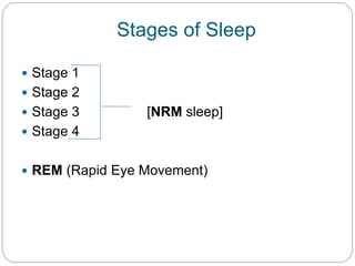 Stages of Sleep

 Stage 1
 Stage 2
 Stage 3        [NRM sleep]
 Stage 4


 REM (Rapid Eye Movement)
 
