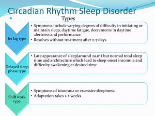 Circadian Rhythm Sleep Disorder
 Types
Jet lag type
• Symptoms include varying degrees of difficulty in initiating or
maintain sleep, daytime fatigue, decrements in daytime
alertness and performance.
• Resolves without treatment after 2-7 days.
Delayed sleep
phase type
• Late appearance of sleep(around 2a.m) but normal total sleep
time and architecture which lead to sleep-onset insomnia and
difficulty awakening at desired time.
Shift work
type
• Symptoms of insomnia or excessive sleepiness.
• Adaptation takes 1-2 weeks
 
