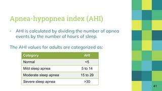 Apnea-hypopnea index (AHI)
▪ AHI is calculated by dividing the number of apnea
events by the number of hours of sleep.
The AHI values for adults are categorized as:
41
Category AHI
Normal <5
Mild sleep apnea 5 to 14
Moderate sleep apnea 15 to 29
Severe sleep apnea >30
 