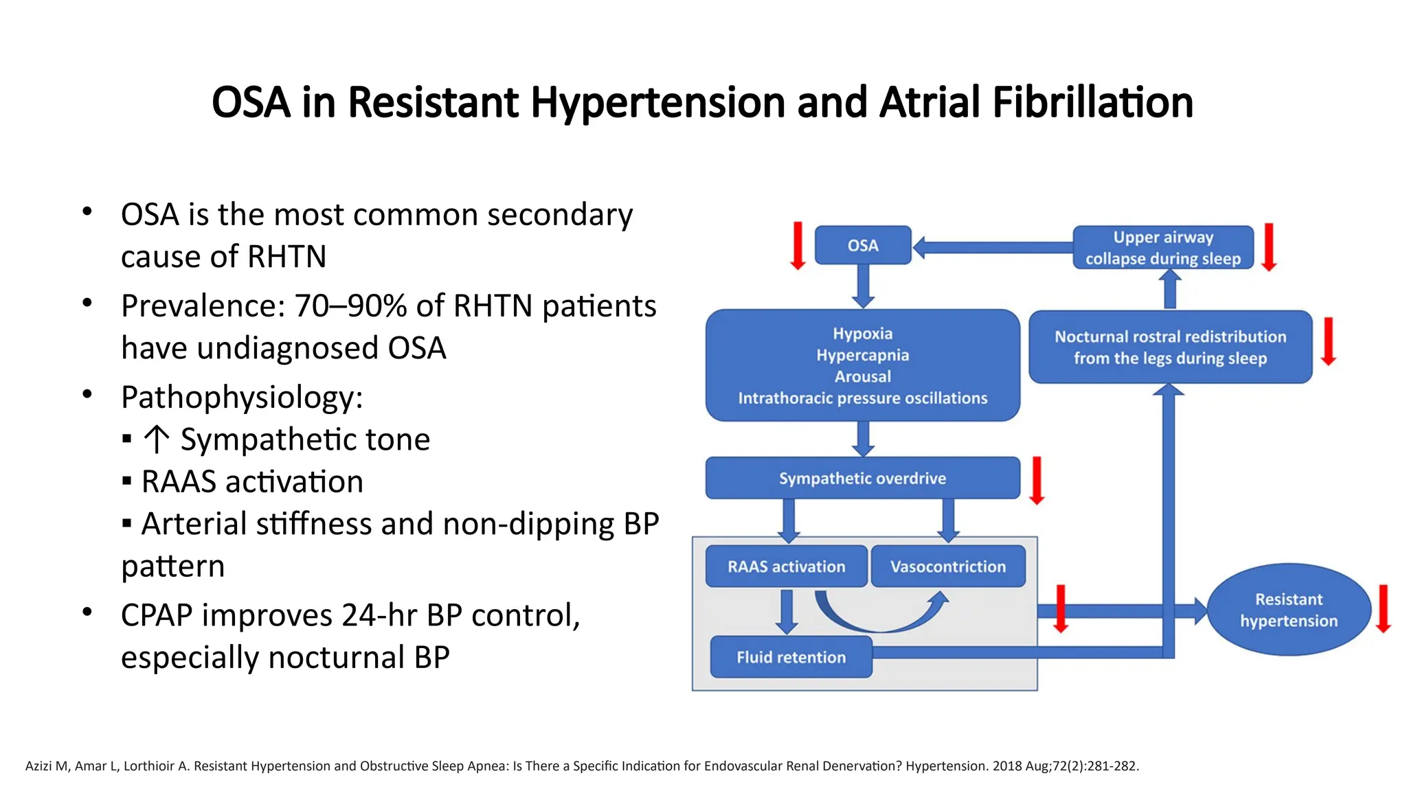 • OSA is the most common secondary
cause of RHTN
• Prevalence: 70–90% of RHTN patients
have undiagnosed OSA
• Pathophysiology:
▪ ↑ Sympathetic tone
▪ RAAS activation
▪ Arterial stiffness and non-dipping BP
pattern
• CPAP improves 24-hr BP control,
especially nocturnal BP
Azizi M, Amar L, Lorthioir A. Resistant Hypertension and Obstructive Sleep Apnea: Is There a Specific Indication for Endovascular Renal Denervation? Hypertension. 2018 Aug;72(2):281-282.
OSA in Resistant Hypertension and Atrial Fibrillation
 