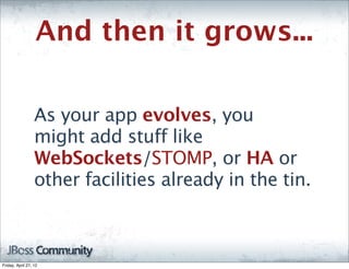 And then it grows...

                  As your app evolves, you
                  might add stuff like
                  WebSockets/STOMP, or HA or
                  other facilities already in the tin.



Friday, April 27, 12
 