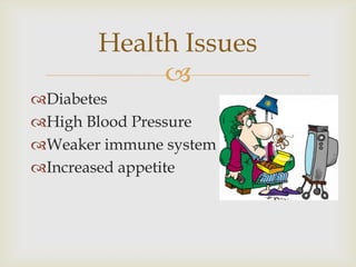 Health Issues
            
Diabetes
High Blood Pressure
Weaker immune system
Increased appetite
 
