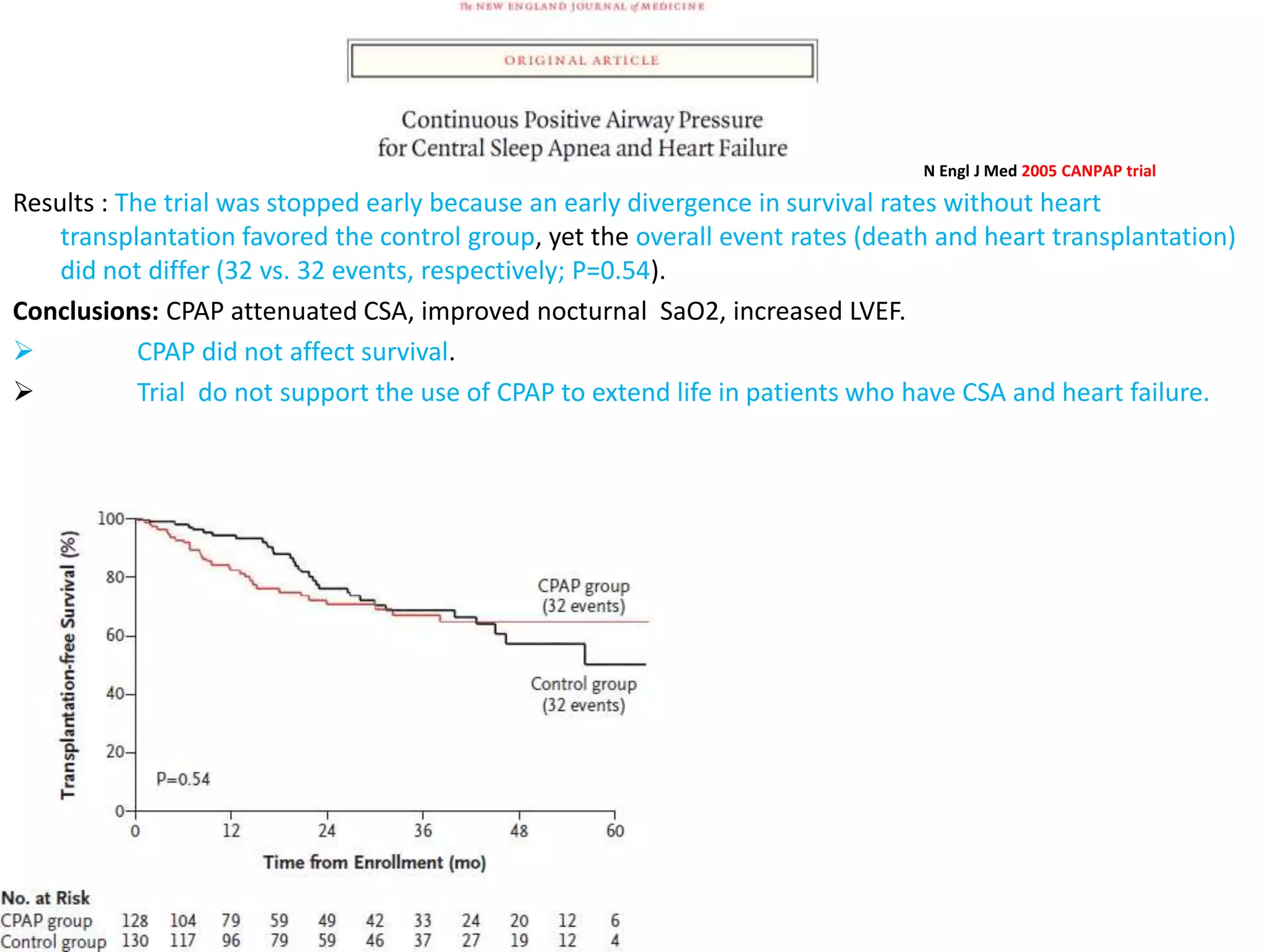 N Engl J Med 2005 CANPAP trial
Results : The trial was stopped early because an early divergence in survival rates without heart
transplantation favored the control group, yet the overall event rates (death and heart transplantation)
did not differ (32 vs. 32 events, respectively; P=0.54).
Conclusions: CPAP attenuated CSA, improved nocturnal SaO2, increased LVEF.
 CPAP did not affect survival.
 Trial do not support the use of CPAP to extend life in patients who have CSA and heart failure.
 