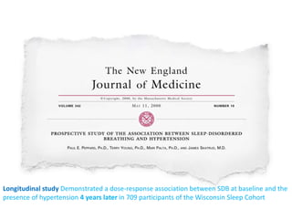 Longitudinal study Demonstrated a dose-response association between SDB at baseline and the
presence of hypertension 4 years later in 709 participants of the Wisconsin Sleep Cohort
 