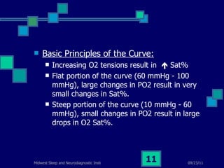 Basic Principles of the Curve: Increasing O2 tensions result in    Sat% Flat portion of the curve (60 mmHg - 100 mmHg), large changes in PO2 result in very small changes in Sat%. Steep portion of the curve (10 mmHg - 60 mmHg), small changes in PO2 result in large drops in O2 Sat%. 