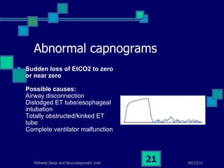 Abnormal capnograms Sudden loss of EtCO2 to zero or near zero   Possible causes: Airway disconnection Dislodged ET tube/esophageal intubation Totally obstructed/kinked ET tube Complete ventilator malfunction 