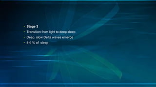 • Stage 3
• Transition from light to deep sleep
• Deep, slow Delta waves emerge
• 4-6 % of sleep
 