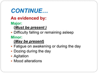 CONTINUE…
As evidenced by:
Major:
(Must be present )
 Difficulty falling or remaining asleep
Minor:
(May be present)
 Fatigue on awakening or during the day
 Dozing during the day
 Agitation
 Mood alterations
 