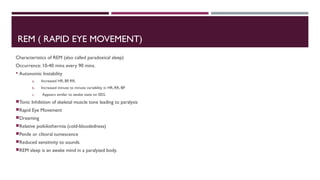 REM ( RAPID EYE MOVEMENT) 
Characteristics of REM (also called paradoxical sleep) 
Occurrence: 10-40 mins every 90 mins. 
 Autonomic Instability 
a. Increased HR, BP, RR, 
b. Increased minute to minute variability in HR, RR, BP. 
c. Appears similar to awake state on EEG 
Tonic Inhibition of skeletal muscle tone leading to paralysis 
Rapid Eye Movement 
Dreaming 
Relative poikilothermia (cold-bloodedness) 
Penile or clitoral tumescence 
Reduced sensitivity to sounds 
REM sleep is an awake mind in a paralyzed body. 
 