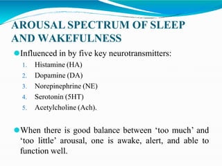 AROUSAL SPECTRUM OF SLEEP
AND WAKEFULNESS
⚫Influenced in by five key neurotransmitters:
1. Histamine (HA)
2. Dopamine (DA)
3. Norepinephrine (NE)
4. Serotonin (5HT)
5. Acetylcholine (Ach).
⚫When there is good balance between ‘too much’ and
‘too little’ arousal, one is awake, alert, and able to
function well.
 