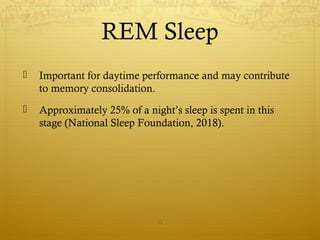 REM Sleep
 Important for daytime performance and may contribute
to memory consolidation.
 Approximately 25% of a night’s sleep is spent in this
stage (National Sleep Foundation, 2018).
12
 