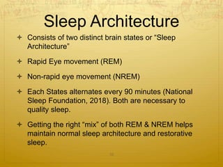 Sleep Architecture
 Consists of two distinct brain states or “Sleep
Architecture”
 Rapid Eye movement (REM)
 Non-rapid eye movement (NREM)
 Each States alternates every 90 minutes (National
Sleep Foundation, 2018). Both are necessary to
quality sleep.
 Getting the right “mix” of both REM & NREM helps
maintain normal sleep architecture and restorative
sleep.
10
 