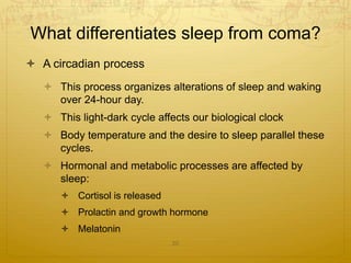  A circadian process
 This process organizes alterations of sleep and waking
over 24-hour day.
 This light-dark cycle affects our biological clock
 Body temperature and the desire to sleep parallel these
cycles.
 Hormonal and metabolic processes are affected by
sleep:
 Cortisol is released
 Prolactin and growth hormone
 Melatonin
20
What differentiates sleep from coma?
 