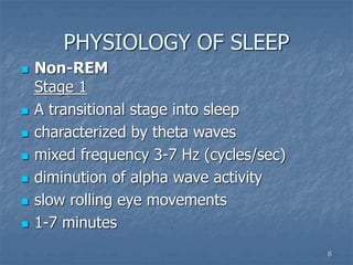 6
PHYSIOLOGY OF SLEEP
 Non-REM
Stage 1
 A transitional stage into sleep
 characterized by theta waves
 mixed frequency 3-7 Hz (cycles/sec)
 diminution of alpha wave activity
 slow rolling eye movements
 1-7 minutes
 