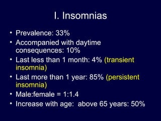 I. Insomnias Prevalence: 33% Accompanied with daytime consequences: 10% Last less than 1 month: 4%  (transient insomnia) Last more than 1 year: 85%  (persistent insomnia) Male:female = 1:1.4 Increase with age:  above 65 years: 50% 