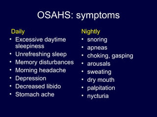 OSAHS: symptoms Daily Excessive daytime sleepiness Unrefreshing sleep Memory disturbances Morning headache Depression Decreased libido Stomach ache Nightly snoring apneas choking, gasping arousals sweating dry mouth palpitation nycturia 