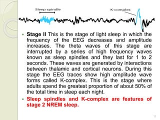 11
 Stage II This is the stage of light sleep in which the
frequency of the EEG decreases and amplitude
increases. The theta waves of this stage are
interrupted by a series of high frequency waves
known as sleep spindles and they last for 1 to 2
seconds. These waves are generated by interactions
between thalamic and cortical neurons. During this
stage the EEG traces show high amplitude wave
forms called K-complex. This is the stage where
adults spend the greatest proportion of about 50% of
the total time in sleep each night.
 Sleep spindles and K-complex are features of
stage 2 NREM sleep.
 