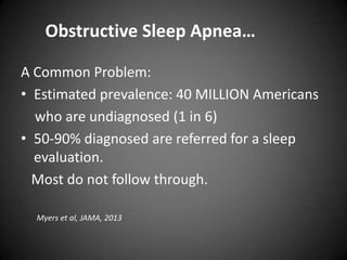 Obstructive Sleep Apnea…
A Common Problem:
• Estimated prevalence: 40 MILLION Americans
who are undiagnosed (1 in 6)
• 50-90% diagnosed are referred for a sleep
evaluation.
Most do not follow through.
Myers et al, JAMA, 2013

 