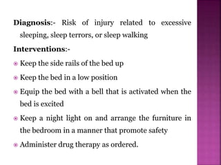 Diagnosis:- Risk of injury related to excessive
sleeping, sleep terrors, or sleep walking
Interventions:-
 Keep the side rails of the bed up
 Keep the bed in a low position
 Equip the bed with a bell that is activated when the
bed is excited
 Keep a night light on and arrange the furniture in
the bedroom in a manner that promote safety
 Administer drug therapy as ordered.
 
