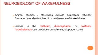  Animal studies - structures outside brainstem reticular
formation are also involved in maintenance of wakefulness.
 lesions in the midbrain, diencephalon, or posterior
hypothalamus can produce somnolence, stupor, or coma
NEUROBIOLOGY OF WAKEFULNESS
 