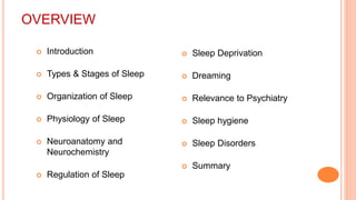 OVERVIEW
 Introduction
 Types & Stages of Sleep
 Organization of Sleep
 Physiology of Sleep
 Neuroanatomy and
Neurochemistry
 Regulation of Sleep
 Sleep Deprivation
 Dreaming
 Relevance to Psychiatry
 Sleep hygiene
 Sleep Disorders
 Summary
 