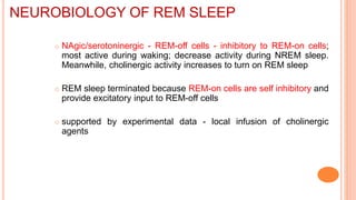  NAgic/serotoninergic - REM-off cells - inhibitory to REM-on cells;
most active during waking; decrease activity during NREM sleep.
Meanwhile, cholinergic activity increases to turn on REM sleep
 REM sleep terminated because REM-on cells are self inhibitory and
provide excitatory input to REM-off cells
 supported by experimental data - local infusion of cholinergic
agents
NEUROBIOLOGY OF REM SLEEP
 