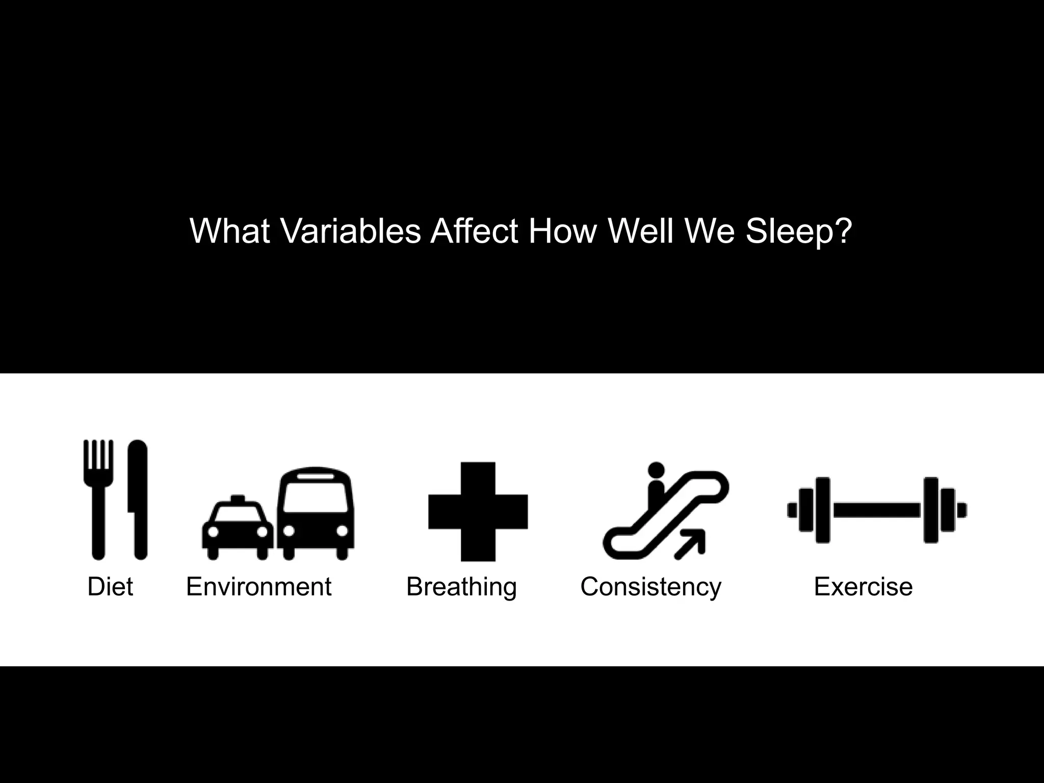 What Variables Affect How Well We Sleep?




Diet   Environment   Breathing   Consistency   Exercise
 