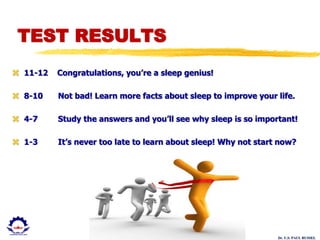 Dr. U.S. PAUL RUSSEL
TEST RESULTS
 11-12 Congratulations, you’re a sleep genius!
 8-10 Not bad! Learn more facts about sleep to improve your life.
 4-7 Study the answers and you’ll see why sleep is so important!
 1-3 It’s never too late to learn about sleep! Why not start now?
 