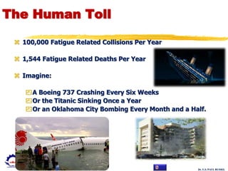 Dr. U.S. PAUL RUSSEL
The Human Toll
 100,000 Fatigue Related Collisions Per Year
 1,544 Fatigue Related Deaths Per Year
 Imagine:
A Boeing 737 Crashing Every Six Weeks
Or the Titanic Sinking Once a Year
Or an Oklahoma City Bombing Every Month and a Half.
 