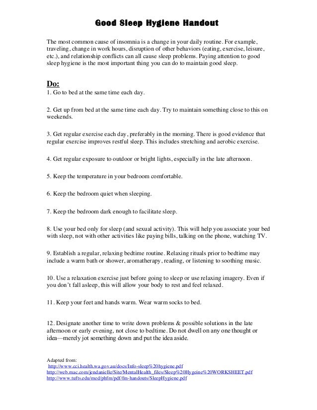 Sleep Hygiene Handout For Clients