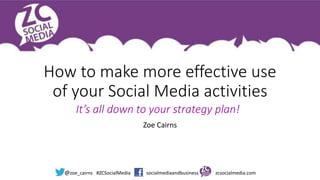@zoe_cairns #ZCSocialMedia socialmediaandbusiness zcsocialmedia.com
How to make more effective use
of your Social Media activities
Zoe Cairns
It’s all down to your strategy plan!
 