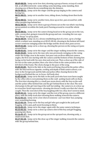 00:49-00:50- Jump cut to low shot, showing a group of teens, on top of a small
hill, at all different levels- some sitting some kneeling, some standing, then
showing one of them throw something into the distance.
00:50-00:51- Jump cut to the singer and the group singing to the camera and
having fun.
00:51-00:51- jump cut to another teen, sitting down, looking down then looks
up.
00:52-00:52- Jump cut to another teen, close up on her, pan around her, with
other peoples legs behind her.
00:52-00:54- Jump cut to show a group of teens sat on the van which was being
spray painted on within the Junk yard. Panning around to reveal the whole
group.
00:54-00:56- Jump cut to the camera being head on to the group sat on the van,
with a zoom shot, going in towards the group and van- revealing the van says
“The Strays” in spray paint.
00:56-00:59- Jump cut, to a drone establishing shot of a river, up to a bridge
which a subject was standing on at 00:45-00:46, showing in the bottom left hand
corner someone swinging under the bridge and the drone shot, pans across.
00:59-01:00- Jump cut to a close up, showing the person on the swing as it pans
around them.
01:00-01:01- Jump cut to the singer and the singer walking towards the camera.
01:01-01:03- Jump cut to the man who was previously swinging on the swing
under the bridge, now in the water, fast pace cuts on three different camera
angles, the first one starting with the camera and the bottom of him showing him
laying on his back with his eyes shut and arms out. Then a close up of the side of
his face in the same position, then a far shot of him in the same position in the
left third of the frame. The shots change in the pace of the song.
01:03-01:05- Back to the kids in the junk yard being chased by the police office,
with the blurred focus vignette, reviling and depth of field camera shoot, a car
door in the foreground and the kids and police office chasing them in the
background behind the car, in focus- full body shot.
01:05-01:09- Jump cut to the kids in the junk yard who have now been caught
by the office who is now pinning them on the wall- putting hand cuffs on them.
The first shot showing this is a small pan zoom shoot, with the boy on the wall
and the police office behind him and the girl behind them in the shot. The next
shot jumps to the girl starring at the wall but smiling- the camera is at a close up
to reveal her facial expressions- showing she doesn’t really care that she’s been
caught. Then the next shot of the boy laughing with her, they don’t seem to mind.
01:09-01:12- Jump cut to the singer and the rest of the group, now in a different
place, with the dolly track shot showing them walking towards the camera.
01:12-01:13- Jump cut to a low shot of someone- can’t see their face, jumping
over something burning.
01:13-01:14- Jump cut to the boy and girl who got caught in the junk yard
hugging, with a pan, pull zoom focusing on them.
01:14-01:15- Jump cut to the singer again with the same camera technique.
01:15-01:16- Jump cut to a close up camera shot of the boy and girl hugging,
panning into them.
01:16-01-17- Jump cut to the group sat on the sprayed van, showing unity, a
small zoom shot.
01:17-01:18- Jump cut to the close up of the singer walking towards the camera
with the group behind him.
 