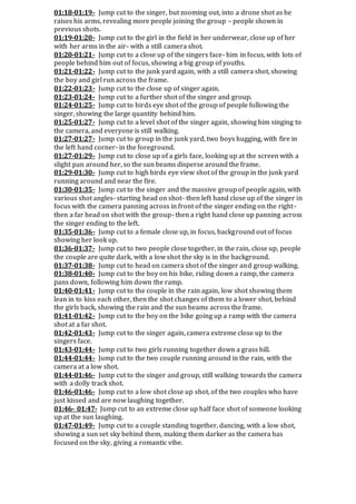 01:18-01:19- Jump cut to the singer, but zooming out, into a drone shot as he
raises his arms, revealing more people joining the group – people shown in
previous shots.
01:19-01:20- Jump cut to the girl in the field in her underwear, close up of her
with her arms in the air- with a still camera shot.
01:20-01:21- Jump cut to a close up of the singers face- him in focus, with lots of
people behind him out of focus, showing a big group of youths.
01:21-01:22- Jump cut to the junk yard again, with a still camera shot, showing
the boy and girl run across the frame.
01:22-01:23- Jump cut to the close up of singer again.
01:23-01:24- Jump cut to a further shot of the singer and group.
01:24-01:25- Jump cut to birds eye shot of the group of people following the
singer, showing the large quantity behind him.
01:25-01:27- Jump cut to a level shot of the singer again, showing him singing to
the camera, and everyone is still walking.
01:27-01:27- Jump cut to group in the junk yard, two boys hugging, with fire in
the left hand corner- in the foreground.
01:27-01:29- Jump cut to close up of a girls face, looking up at the screen with a
slight pan around her, so the sun beams disperse around the frame.
01:29-01:30- Jump cut to high birds eye view shot of the group in the junk yard
running around and near the fire.
01:30-01:35- Jump cut to the singer and the massive group of people again, with
various shot angles- starting head on shot- then left hand close up of the singer in
focus with the camera panning across in front of the singer ending on the right-
then a far head on shot with the group- then a right hand close up panning across
the singer ending to the left.
01:35-01:36- Jump cut to a female close up, in focus, background out of focus
showing her look up.
01:36-01:37- Jump cut to two people close together, in the rain, close up, people
the couple are quite dark, with a low shot the sky is in the background.
01:37-01:38- Jump cut to head on camera shot of the singer and group walking.
01:38-01:40- Jump cut to the boy on his bike, riding down a ramp, the camera
pans down, following him down the ramp.
01:40-01:41- Jump cut to the couple in the rain again, low shot showing them
lean in to kiss each other, then the shot changes of them to a lower shot, behind
the girls back, showing the rain and the sun beams across the frame.
01:41-01:42- Jump cut to the boy on the bike going up a ramp with the camera
shot at a far shot.
01:42-01:43- Jump cut to the singer again, camera extreme close up to the
singers face.
01:43-01:44- Jump cut to two girls running together down a grass hill.
01:44-01:44- Jump cut to the two couple running around in the rain, with the
camera at a low shot.
01:44-01:46- Jump cut to the singer and group, still walking towards the camera
with a dolly track shot.
01:46-01:46- Jump cut to a low shot close up shot, of the two couples who have
just kissed and are now laughing together.
01:46- 01:47- Jump cut to an extreme close up half face shot of someone looking
up at the sun laughing.
01:47-01:49- Jump cut to a couple standing together, dancing, with a low shot,
showing a sun set sky behind them, making them darker as the camera has
focused on the sky, giving a romantic vibe.
 
