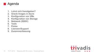 Agenda
Sleeping with the enemy - Oracle @ Azure10 19.11.2015
1. Lohnt sich fremdgehen?
2. Oracle Images in Azure
3. Konfiguration von VMs
4. Konfiguration von Storage
5. Netzwerk (SDDC)
6. Tools
7. Preise
8. Lizenzen/Support
9. Zusammenfassung
 