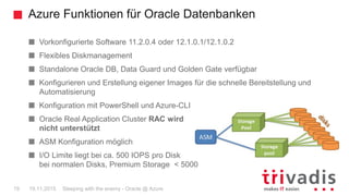 Azure Funktionen für Oracle Datenbanken
Sleeping with the enemy - Oracle @ Azure19 19.11.2015
Vorkonfigurierte Software 11.2.0.4 oder 12.1.0.1/12.1.0.2
Flexibles Diskmanagement
Standalone Oracle DB, Data Guard und Golden Gate verfügbar
Konfigurieren und Erstellung eigener Images für die schnelle Bereitstellung und
Automatisierung
Konfiguration mit PowerShell und Azure-CLI
Oracle Real Application Cluster RAC wird
nicht unterstützt
ASM Konfiguration möglich
I/O Limite liegt bei ca. 500 IOPS pro Disk
bei normalen Disks, Premium Storage < 5000
 