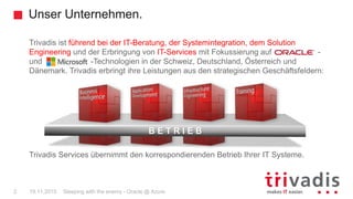 Unser Unternehmen.
Sleeping with the enemy - Oracle @ Azure2 19.11.2015
Trivadis ist führend bei der IT-Beratung, der Systemintegration, dem Solution
Engineering und der Erbringung von IT-Services mit Fokussierung auf -
und -Technologien in der Schweiz, Deutschland, Österreich und
Dänemark. Trivadis erbringt ihre Leistungen aus den strategischen Geschäftsfeldern:
Trivadis Services übernimmt den korrespondierenden Betrieb Ihrer IT Systeme.
B E T R I E B
 
