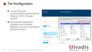 Tier Konfiguration
Sleeping with the enemy - Oracle @ Azure23 19.11.2015
Je nach Tier sind
unterschiedliche Kombinationen
Memory / CPU / Storage
möglich
Die Auswahl erfolgt beim
Erstellen einer virtuellen
Maschine und kann nachträglich
geändert werden
 