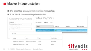 Master Image erstellen
Sleeping with the enemy - Oracle @ Azure26 19.11.2015
Die attachted Disks werden ebenfalls hinzugefügt
Eine fixe IP muss neu vergeben werden
 